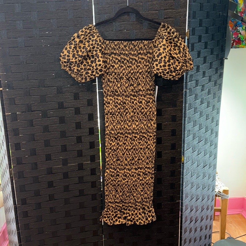 Never Fully Dressed Puffy Sleeve Cheetah Print Midi Dress